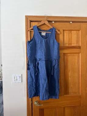 FLAX by Jeanne Engelhart Blue 100% Linen Sleeveless Side Tie Pocket Midi Dress S